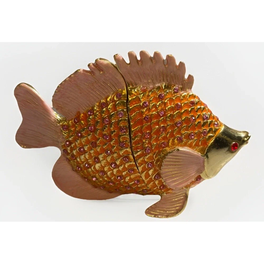 Pesci Austrian Crystal Jeweled Enameled Angel Fish Trinket Box Pink Gold‎ Orange